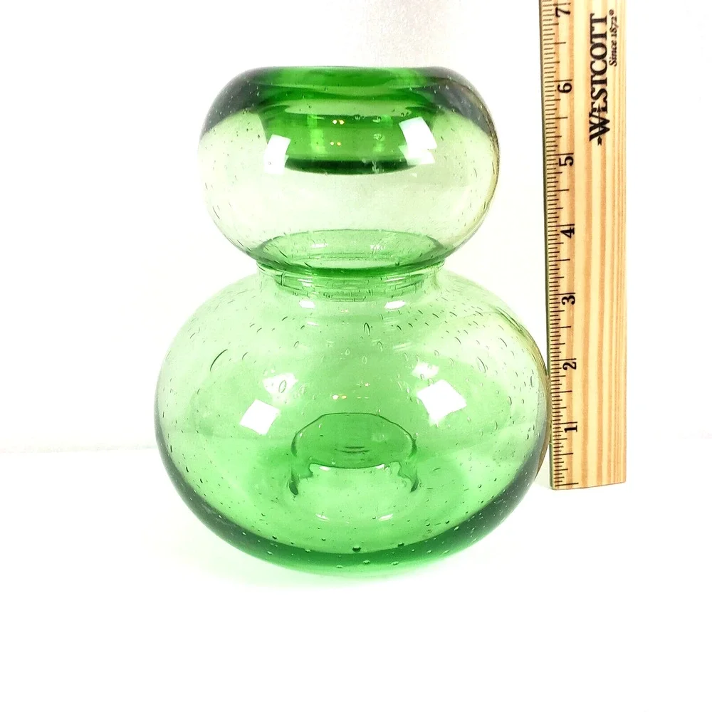 2Pc Art Glass Green Vase Votive Candle Holder Hand Blown Seeded Bubble Reversibl
